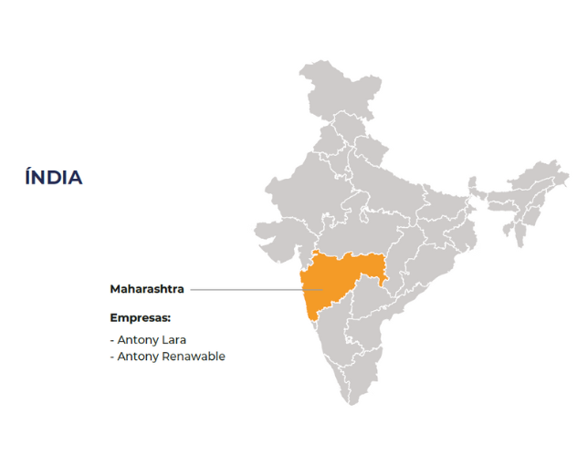 Mapa da Índia destacando Maharashtra, com as empresas Antony Lara e Antony Renewable.